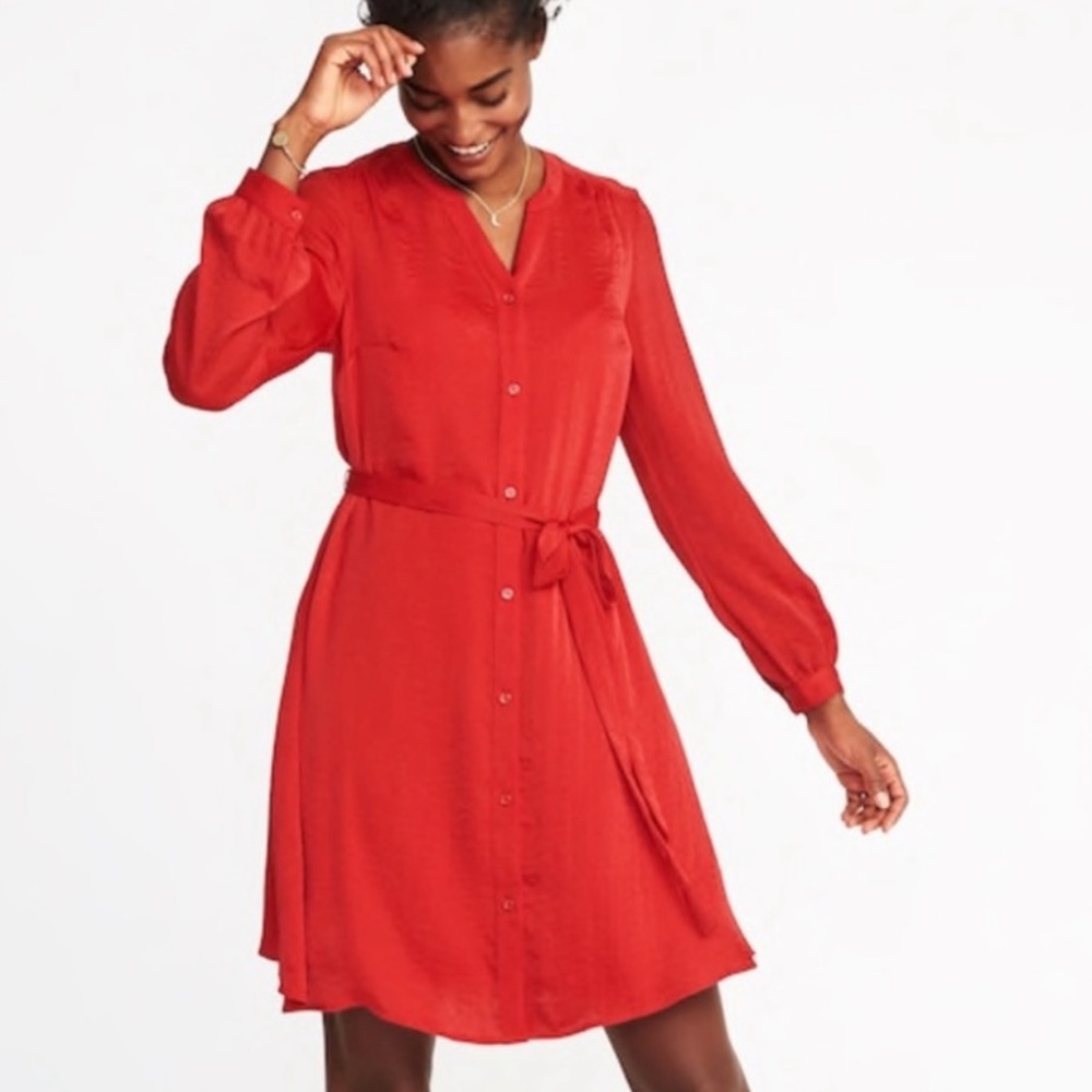Old Navy Red Satin Silk like button up Tie Belted Shirt Dress XL